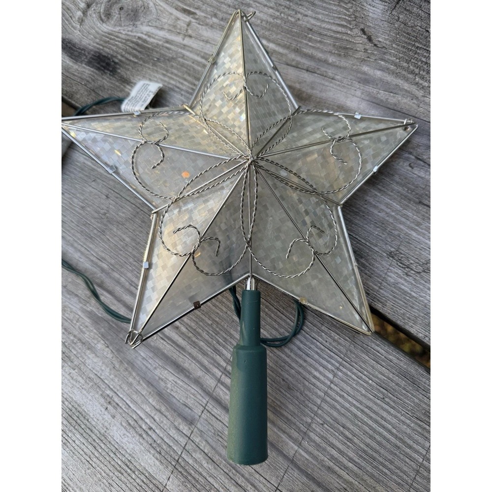 Vintage Style Lighted Star Christmas Tree Topper Iridescent Silver Scroll 10.5in